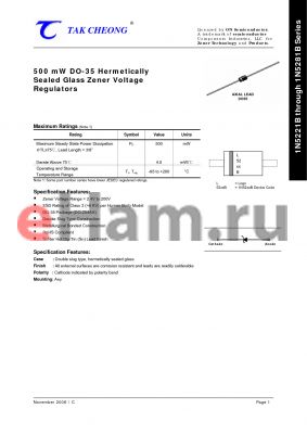1N5257B datasheet - 500 mW DO-35 Hermetically Sealed Glass Zener Voltage Regulators