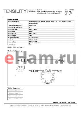 CA-354S datasheet - Cable, 4 conductor, 3.5mm plug, no ring, to stripped/tinned, 6 feet, shielded, 26 AWG