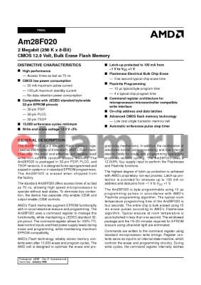 AM28F020-150PIB datasheet - 2 Megabit (256 K x 8-Bit) CMOS 12.0 Volt, Bulk Erase Flash Memory