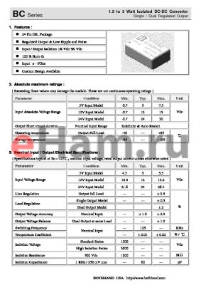 BC-1212S2 datasheet - 1.5 to 3 Watt Isolated DC-DC Converter Single / Dual Regulated Output