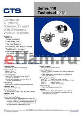 111MB500A1 datasheet - Commercial 3/4inch (19mm) Diameter, 1 1/2 and 2 watt Wirewound Variable Resistor