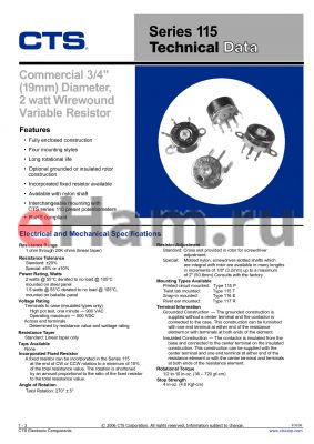 115GE300C501C1 datasheet - Commercial 3/4inch (19mm) Diameter, 2 watt Wirewound Variable Resistor