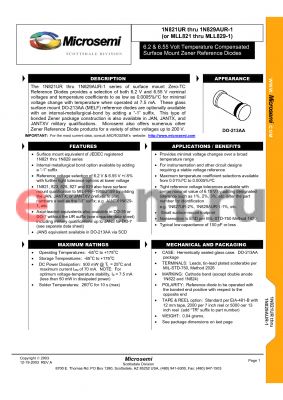 1N823AURTR datasheet - 6.2 & 6.55 Volt Temperature Compensated Surface Mount Zener Reference Diodes
