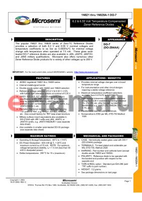 1N825A datasheet - 6.2 & 6.55  VOLT TEMPERATURE COMPENSATED ZENER REFERENCE DIODES