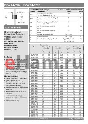 BZW04-6V8 datasheet - Unidirectional and bidirectional Transient Voltage Suppressor diodes