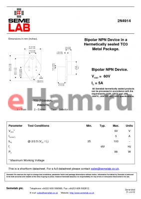 2N4914 datasheet - Bipolar NPN Device in Hermetically sealed TO3 Metal Package
