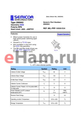 2N5002 datasheet - Type 2N5002 Geometry 9202 Polarity NPN