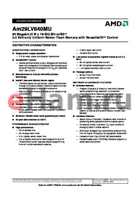 AM29LV640MU90RPCI datasheet - 64 Megabit (4 M x 16-Bit) MirrorBit 3.0 Volt-only Uniform Sector Flash Memory with VersatileI/O Control