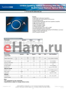 C-13-F02-PDM datasheet - 1310nm Emitting,1490nm Receiving (PIN-TIA, 3.3V), Bi-directional Diplexer Optical Module