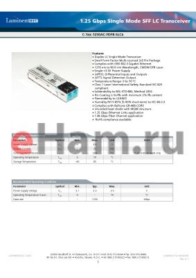 C-139-1250AC-FDFB-SLC4 datasheet - 1.25 Gbps Single Mode SFF LC Transceiver