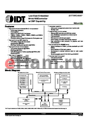 79R4640-267DUI datasheet - Low-Cost Embedded 64-bit RISController w/ DSP Capability