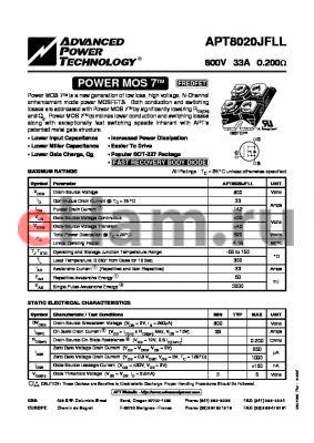 APT8020JFLL datasheet - Power MOS 7TM is a new generation of low loss, high voltage, N-Channel enhancement mode power MOSFETS.