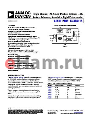 AD5116 datasheet - Single-Channel, 128-/64-/32-Position, Up/Down, a8% Resistor Tolerance, Nonvolatile Digital Potentiometer