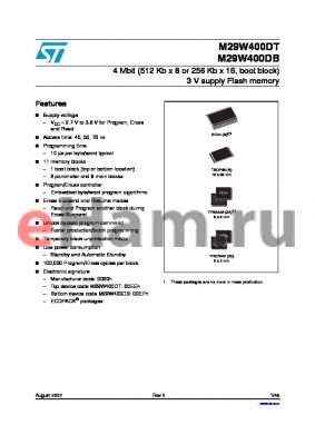 M29W400DB45ZA1 datasheet - 4 Mbit (512 Kb x 8 or 256 Kb x 16, boot block) 3 V supply Flash memory