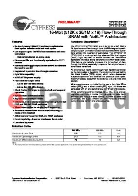 ICY7C1373D-100BGI datasheet - 18-Mbit (512K x 36/1M x 18) Flow-Through SRAM with NoBLTM Architecture