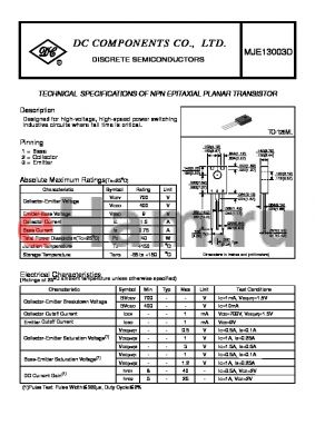 MJE13003D datasheet - TECHNICAL SPECIFICATIONS OF NPN EPITAXIAL PLANAR TRANSISTOR