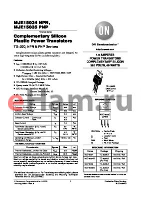 MJE15035G datasheet - 4.0 AMPERES POWER TRANSISTORS COMPLEMENTARY SILICON 350 VOLTS, 50 WATTS