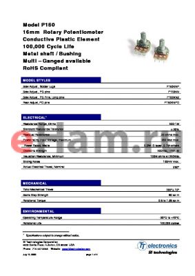 P160KNP-2EA20B100K datasheet - 16mm Rotary Potentiometer Conductive Plastic Element 100,000 Cycle Life Metal shaft / Bushing Multi