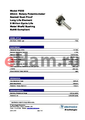 P232-DEA22BR100K datasheet - 24mm Rotary Potentiometer Sealed/ Dust Proof Long Life Element 2 Million Cycle Life Metal Shaft/ Bushing RoHS Compliant
