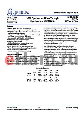 GS842Z18AB-150I datasheet - 4Mb Pipelined and Flow Through Synchronous NBT SRAMs