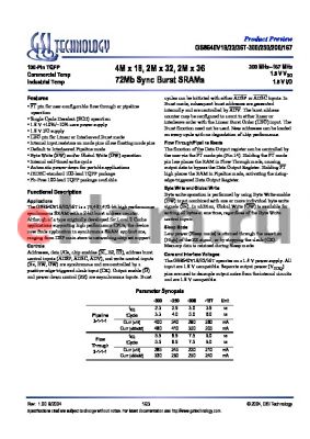 GS8640V36GT-250I datasheet - 4M x 18, 2M x 32, 2M x 36 72Mb Sync Burst SRAMs