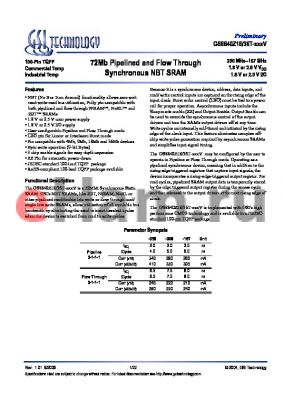 GS8640Z18GT-200IV datasheet - 72Mb Pipelined and Flow Through Synchronous NBT SRAM