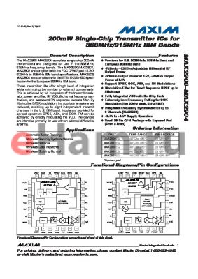 MAX2900EGI datasheet - 200mW Single-Chip Transmitter ICs for 868MHz/915MHz ISM Bands
