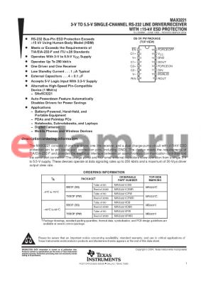 MAX3221IDBRE4 datasheet - 3-V TO 5.5-V MULTICHANNEL RS-232 LINE DRIVER/RECEIVER