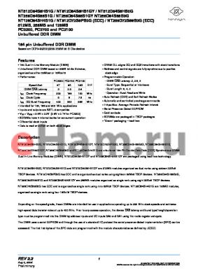 NT512D64S8HB1GY datasheet - 184 pin Unbuffered DDR DIMM