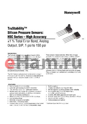 HSCSNND030PCAB5 datasheet - TruStability silicon Pressure Sensors: HSC Series-High Accuracy -1% total Error band,Analog output,SIP,1 psi to 150 psi