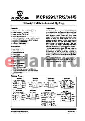 MCP6291-E/SN datasheet - 1.0 mA, 10 MHz Rail-to-Rail Op Amp