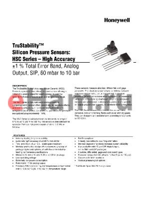 HSCSNNN004BCAB3 datasheet - TruStability silicon Pressure Sensors: HSC Series-High Accuracy -1% total Error band,Analog output,SIP,60 mbar to,10 bar