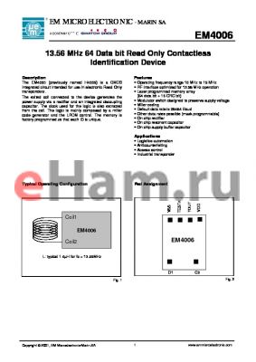 EM4006F9WS11 datasheet - 13.56 MHz 64 Data bit Read Only Contactless Identification Device