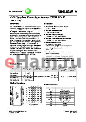 N04L63W1AT7I datasheet - 4Mb Ultra-Low Power Asynchronous CMOS SRAM 256K ‡ 16 bit