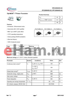 IPP120N04S3-02 datasheet - OptiMOS-T Power-Transistor