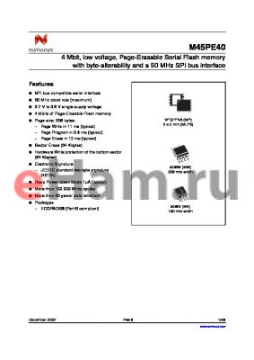 M45PE40-VMN6TG datasheet - 4 Mbit, low voltage, Page-Erasable Serial Flash memory with byte-alterability and a 50 MHz SPI bus interface