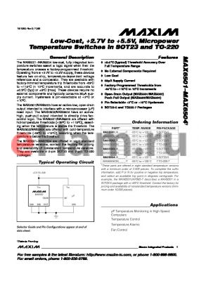 MAX6501UKN035-T datasheet - Low-Cost, 2.7V to 5.5V, Micropower Temperature Switches in SOT23 and TO-220