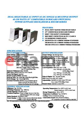 HSU60-31 datasheet - DUAL SELECTABLE AC INPUT AC-DC SINGLE & MULTIPLE OUTPUT 45-150 WATTS 19 COMPATIBLE EUROCARD SWITCHING POWER SUPPLIES HSU45,HSU60 AND HSU100 SERIES