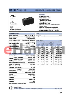 HF115F/005-2HS2GXXX datasheet - MINIATURE HIGH POWER RELAY
