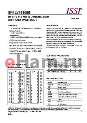 IS41LV16105B-50TLE datasheet - 1M x 16 (16-MBIT) DYNAMIC RAM WITH FAST PAGE MODE