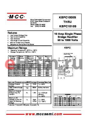 KBPC1000S datasheet - 10 Amp Single Phase Bridge Rectifier 50 to 1000 Volts