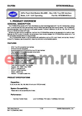 HFDOM44KR016 datasheet - 40Pin Flash Disk Module Min.8MB ~ Max.1GB, True IDE Interface Mode, 3.3V / 5.0V Operating