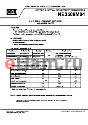 NE3509M04-T2 datasheet - L to S BAND LOW NOISE AMPLIFIER N-CHANNEL HJ-FET