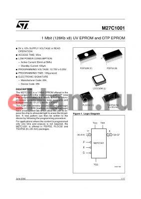 M27C1001-10XB3X datasheet - 1 Mbit 128Kb x8 UV EPROM and OTP EPROM