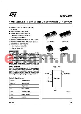 M27V402-150F1TR datasheet - 4 Mbit 256Kb x 16 Low Voltage UV EPROM and OTP EPROM
