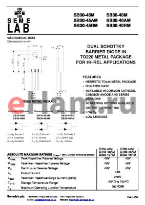 SB30-40AM datasheet - DUAL SCHOTTKY BARRIER DIODE IN TO220 METAL PACKAGE FOR HI-REL APPLICATIONS