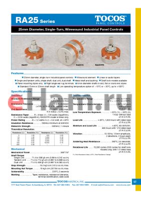 RA25YGL20FB103A503103K datasheet - 25mm Diameter, Single-Turn,Wirewound Industrial Panel Controls