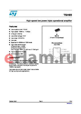 TSH93IYD datasheet - High-speed low power triple operational amplifier
