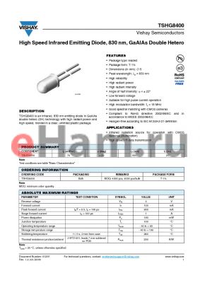 TSHG8400 datasheet - High Speed Infrared Emitting Diode, 830 nm, GaAlAs Double Hetero