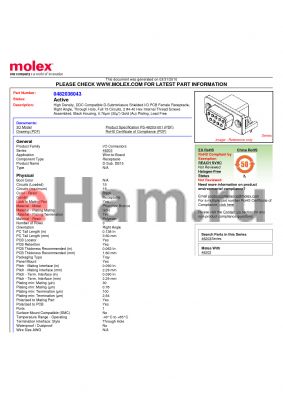 SD-48203-001 datasheet - High Density, DDC Compatible D-Subminiature Shielded I/O PCB Female Receptacle, Right Angle, Through Hole, Full 15 Circuits